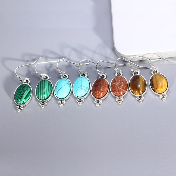 1 Pair Vintage Natural Stone 925 Silver Plate Ear Hook Eardrop Earrings Elegant Banquet Party Jewelry Chakra Spiritual Repair Accessories Matron Inn