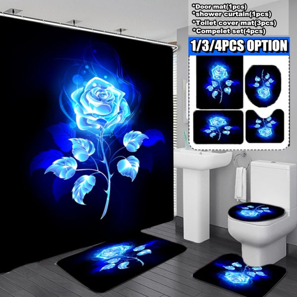 4-3-1Pcs Bathroom Decor Rug Set Bathroom Blue Rose Print Waterproof Shower Curtain Non-slip Mats Bath Carpets Toilet Seat Cover Floor Mat