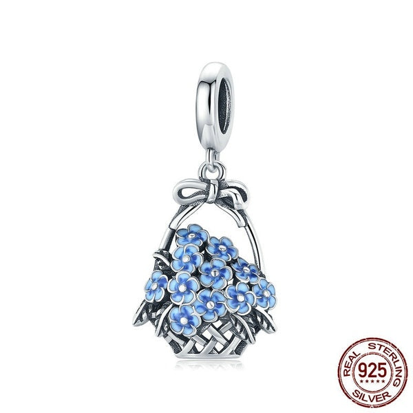 925 Sterling Silver Flower Basket Perle Bleu Émail Charme Fit Original Bracelet Pendentif DIY Bijoux