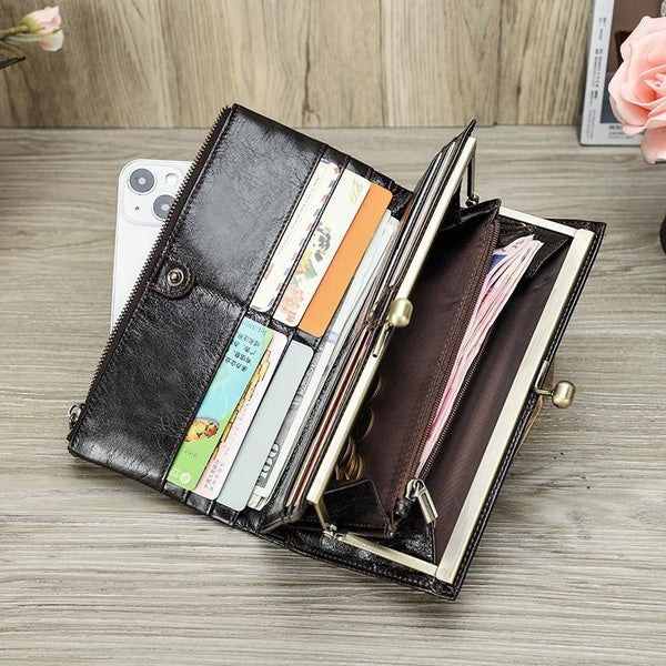 CONTACT'S Genuine Leather Wallets for Women Long Bifold Fashion Women's Purses Metal Frame Card Holders Coin Purses Money Clips Lover Gifts