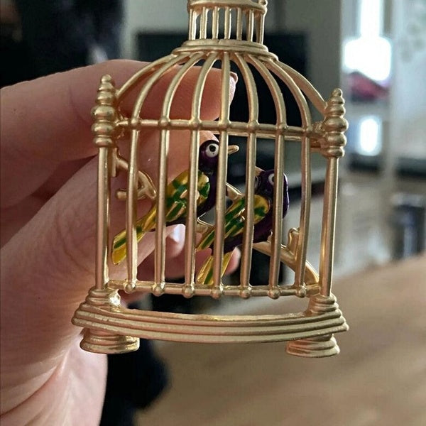 Émail Deux Oiseaux En Cage Broches Épingle Manteau Écharpe Clip Corsage Bijoux Décontractés