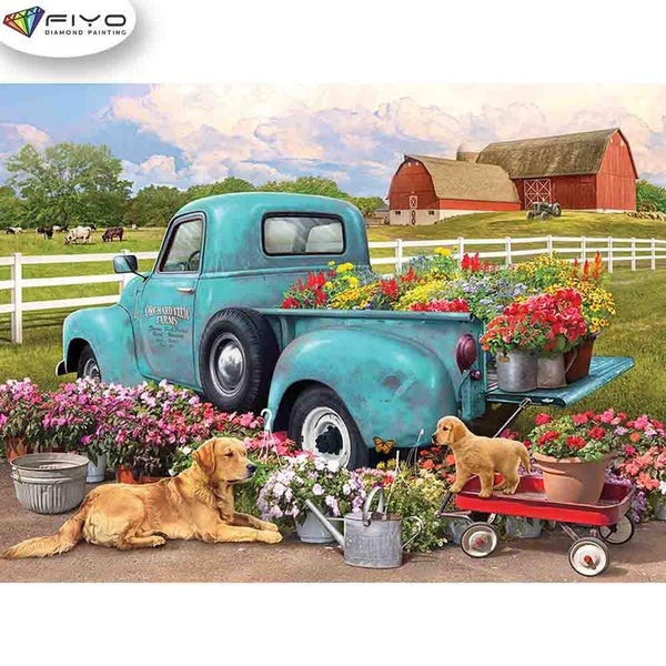 FIYO Dog and Flower DIY 5D Diamond Painting Full Drill with Number Kits Home and Kitchen Fashion Mosaic Diamond Painting Canvas Wall Decoration Gift