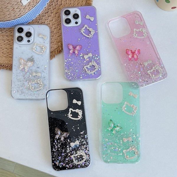 Coque de luxe Bling Glitter 3D Papillon pour iPhone 16 15 14 13 12 11 Pro Max X XS Max XR 7 8 Plus Housse de téléphone en silicone souple pour filles