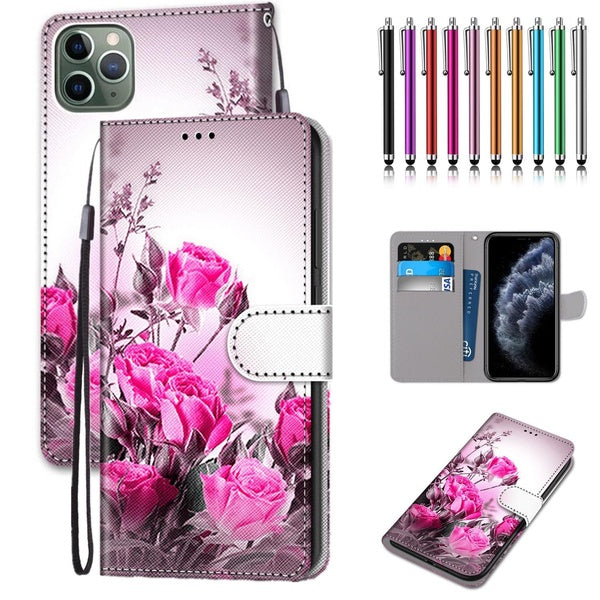 Wild Rose Motif PU Cuir Portefeuille Style Flip Cover Avec Porte-Cartes Protection Téléphone Portable Sac Cas Avec Stylet Stylo Pour iPhone 14 14Pro