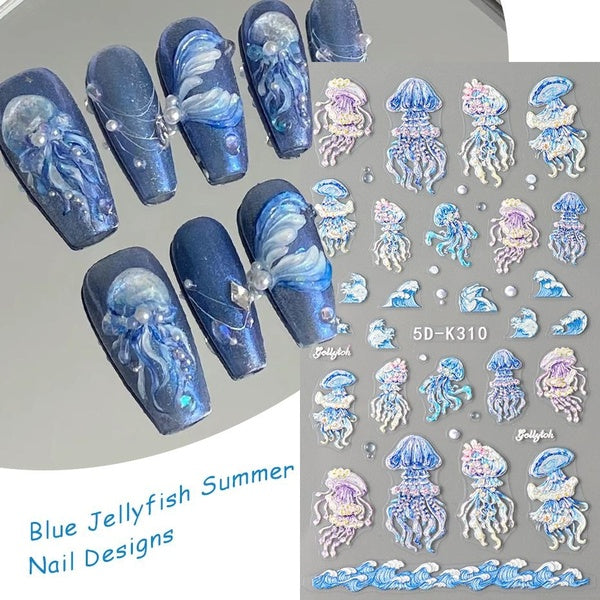 5D Fantasy Jellyfish Nail Art Stickers Blue Mermaid Seasnail Shell Pearl Conch Jelly Star Adhesive Nail Art Decorations Stickers