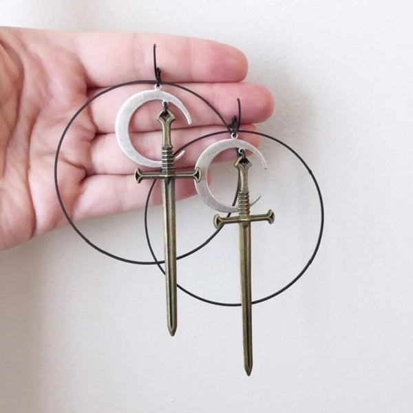 Morgana Statement Earrings Bronze Version Crescent Ring Sword Classic Eardrop Big Sword Punk Mystical Jewellery Women Gift Metal