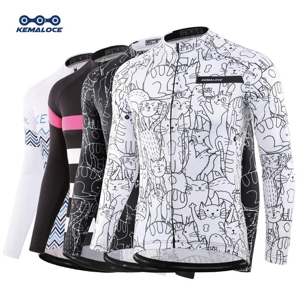 KEMALOCE White Men Cycling Jersey Breathable Long Sleeve MTB Bike Jersey Cartoon Cat Black Bicycle Shirts Cycling Wear