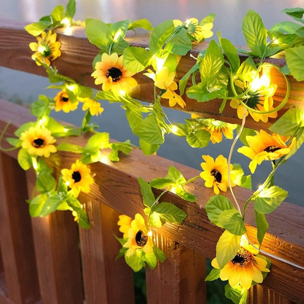Artificial Sunflower Garland Fake Plants LED Lights, 2M-5M-10M Fake Vines Hanging Garland With 20 LED Fairy Lights (battery-solar Powered), Garland S