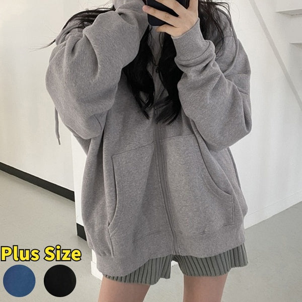 Autumn and Winter Women's Fashion Solid Color Long Sleeve Hoodie Harajuku Korean Style Casual Loose Hooded Sweatshirt Zipper Coat Plus Size