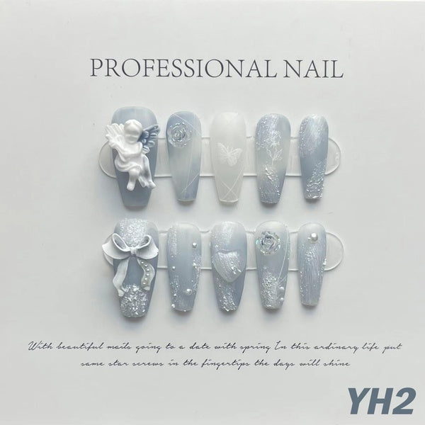 10Pcs Blue Cure Flower Handmade Press On Nails Set Ballet Wearable Artificial False Nails Decoration Nail Art Manicure Fake Nails Tips Art