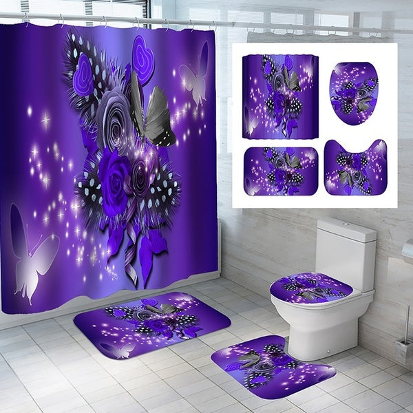 Bathroom Set Decor Purple Rose Flower Butterfly Shower Curtain Toilet Seat Cover Bath Rugs Door Mat(1-3-4 Pcs)