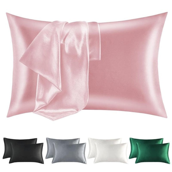 2Pcs-Set Artificial Silk Satin Pillowcase for Hair and Skin Standard-Queen Soft Pillow Cases Silky Microfiber Bed Pillow Covers Wrinkle Resistant wit
