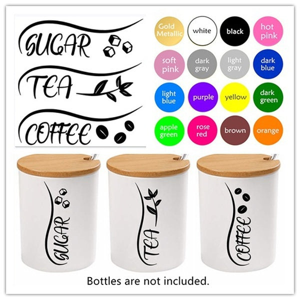Kitchen Canisters Labels Set of Tea Coffee Sugar - Storage Jar Containers Labels Marker Cup Glass Bottle Stickers Decor Vinyl Wall Decal