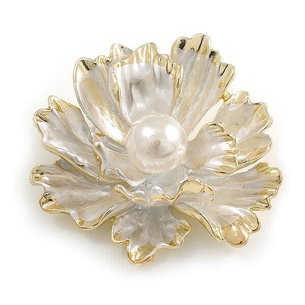 Large Dimentional White Pearl Flower Brooch- Pendant in Gold Tone Metal - 50mm