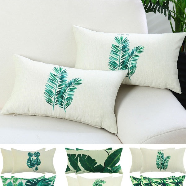 2Pcs Cotton Linen Lumbar Throw Pillow Cushion Covers Tropical Fresh Green Leaf Decorative Ins Palm Tree