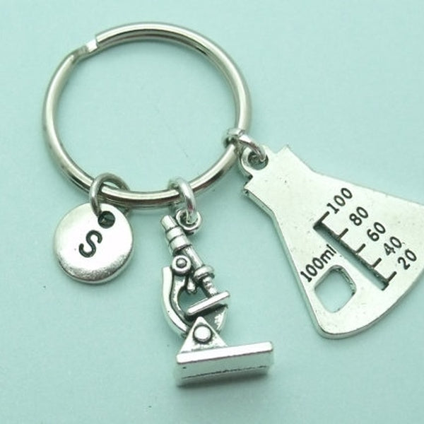 Science Charm Keyring - Keychain, Chemistry Keyring Accessory, Microscope Personalised Keychain, Initial Gift for Her-him, Science Teacher
