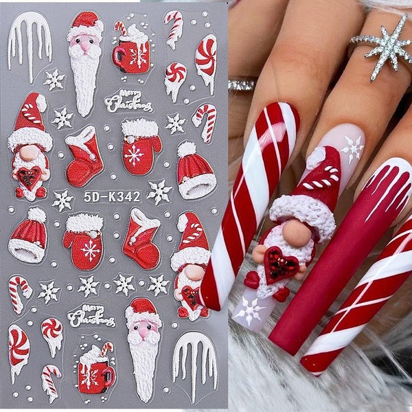 5D Embossed Christmas Nail Art Stickers Red Santa Claus Snowflakes Cartoon Penguin Deer Decals DIY Winter Manicure Decorations