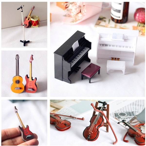 1: 12 Doll House Mini Musical Instrument Model Guitar-Violin-Microphone Stand-Piano Miniatures Scene Kids Toy