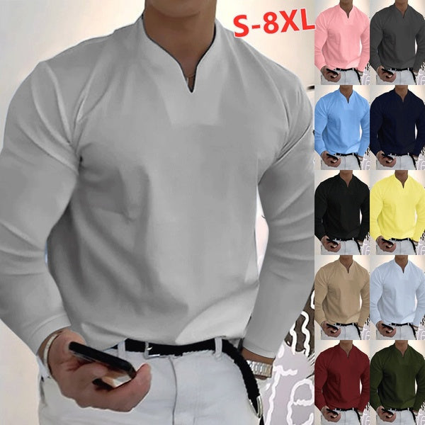 XS-8XL Mens Autumn Long Sleeve T-Shirts Casual V-Neck Shirts Fitness Plus Size Sports T-Shirt Men's Elastic Comfort T-shirts
