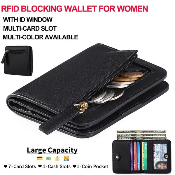 Petit portefeuille pour femme, porte-monnaie avec blocage RFID, petit portefeuille compact de luxe en cuir PU avec fenêtre d'identification.