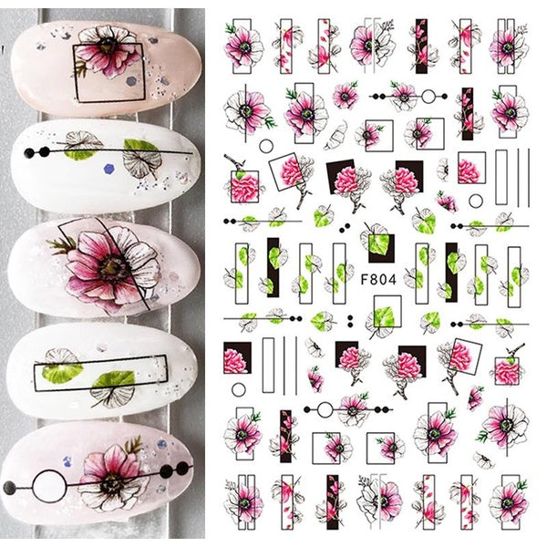 Nail Art Decals Geometric Drawing lines Chinese Roses Leafs Back Glue Nail Stickers Decoration For Nail Tips Beauty