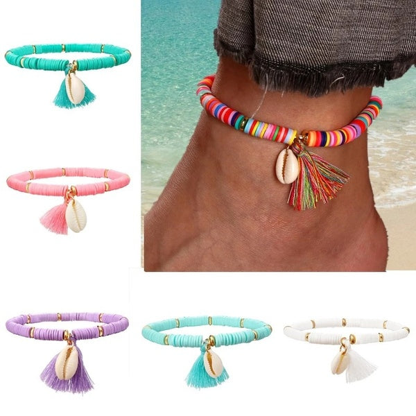 Multicolor Tassel Anklet Bohemian Jewelry For Women polymer clay Beaded Elastic Chain Ankle Chain Leg Foot Chain Shell Bracelet