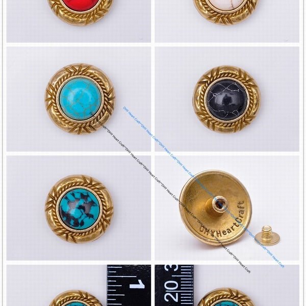10 ensembles en laiton véritable Turquoise pierre conchos rivets fleur sculpté boutons de décoration pour l'artisanat en cuir sac de projet en cuir d