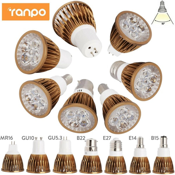 Ranpo 85-265V LED Spotlight Bulbs GU10 MR16 E27 E14 GU5.3 B22 B15 220V 12V Gold Shall LED Spot Light Lamp High Power 9W 12W 15W Home Lighting