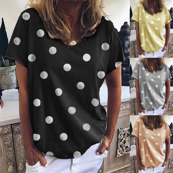 T-shirt imprimé à pois femmes été décontracté col en v à manches courtes Blouses femme mode chemises amples grande taille hauts