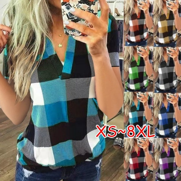 Plus Size XS-8XL Women Summer Casual Deep V-neck Short-Sleeve Tops Printed Plaid Blouses Hem Loose T-Shirt Ladies Fashion Blouse Tunic Tops