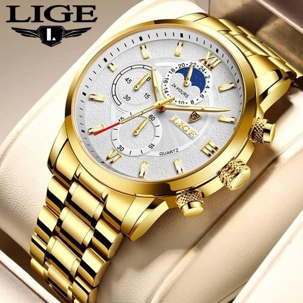 2023 LIGE affaires montre en or pour hommes Original étanche en acier inoxydable décontracté sport Quartz chronographe montres-bracelets