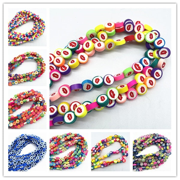 30pcs 10mm Smiling Face-Heart-Fruit-Flowers Beads Polymer Clay Spacer Loose Beads for Jewelry Making DIY Handmade Accessories