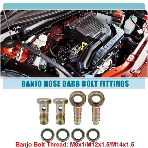 Banjo Bolt M8x1-M12x1.5-M14x1.5 Banjo Hose Barb Bolt Fittings Brake Line Fitting Adapter with Copper Washers for Motorcycle Car