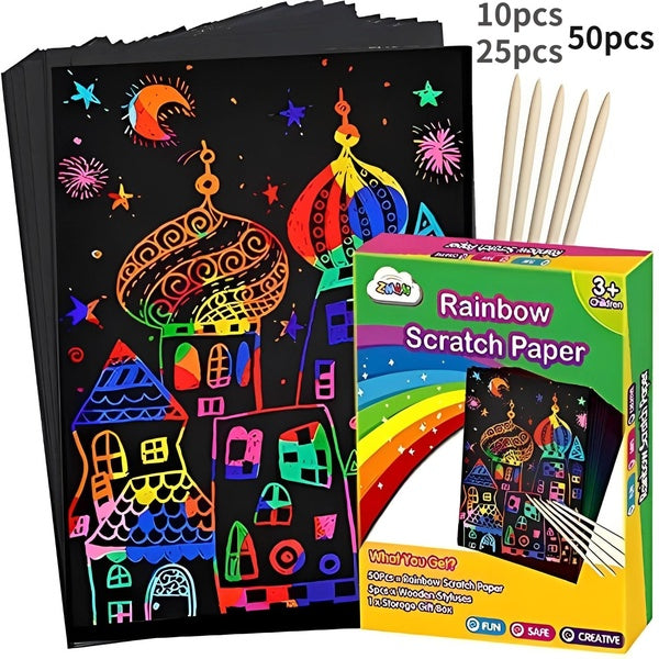 Scratch Paper Art Set, 10 25 50 Piece Rainbow Magic Scratch Paper for Kids Black Scratch it Off Art Crafts Notes Boards Sheet with 5 Wooden Stylus fo