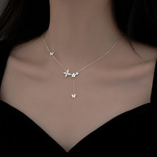 New Shiny Flower Butterfly Tassel Necklace Ladies Exquisite Clavicle Chain Choker Necklaces Silver Color Summer Jewelry