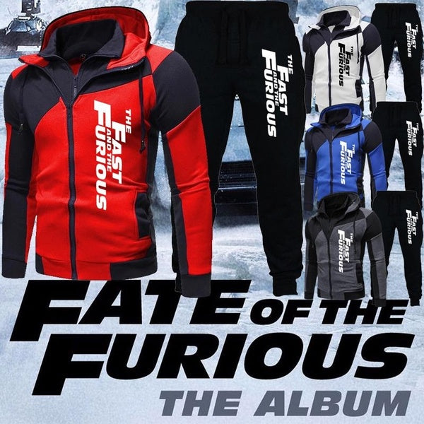 Fast And Furious Hoodie Suit Men Double Zipper Hoodie Jacket + Pant Tracksuit Winter Fleece Thicken Coat Hooded Sweatshirts Trousers Fashion Racing B