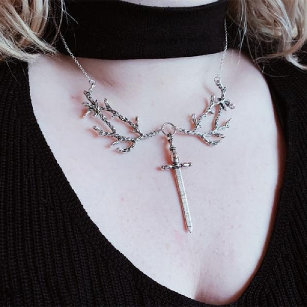 Goth Necklace Hawthorn Sword Necklace Branches and Dagger Forest Witch Jewellery Punk Pendant Necklace Classical Statement Necklace Gothic Women Gift