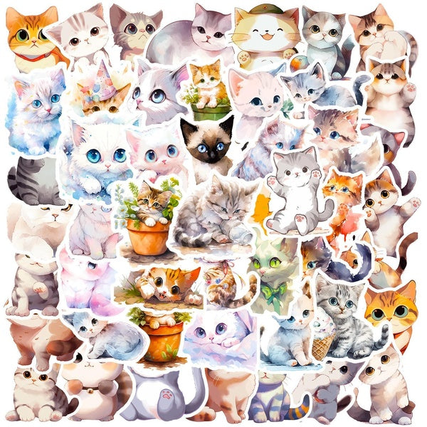 10-50Pcs Watercolor Style Cat Plant Stickers Cute Kitty Graffiti Kids Toy Skateboard Car Motorcycle Bicycle Sticker Decals
