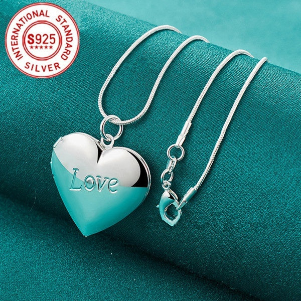 925 Sterling Silver Heart Shaped Photo Frame Locket Pendant Snake Chain Necklace 16-18-20-22-24-26-28-30 inch for Men Women Charm Engagement Wedding