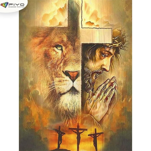 The Lion and Jesus DIY 5D Diamond Painting Full Drill with Number Kits Home and Kitchen Fashion Mosaic Diamond Painting Canvas Wall Decoration Gift C