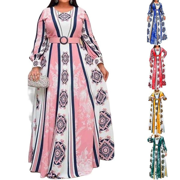 Plus Size Womens Ladies Long Sleeve Striped Printed Patchwork Party Long Maxi A-Line Swing Dress Clubwear