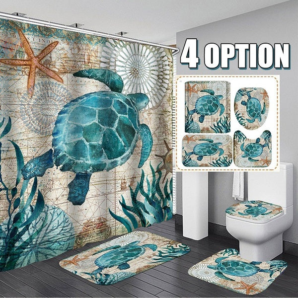 Household Supplies 1-3-4Pcs Bathroom Set Sea Turtles Waterproof Bathroom Shower Curtain Toilet Cover Mat Non-Slip Rug Set