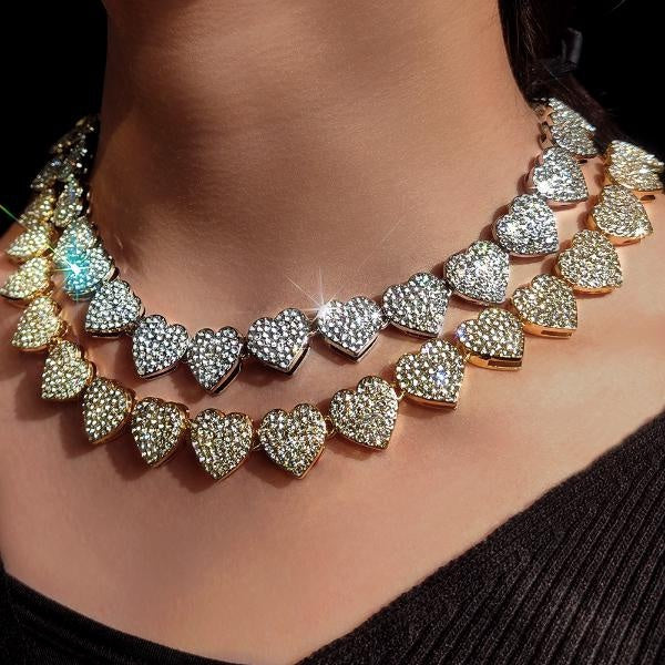 Bling Luxury Paved Crystal Heart Cuban Link Chain Necklace for Women Hip Hop Iced Out Round Square Tennis Chain Choker Jewelry
