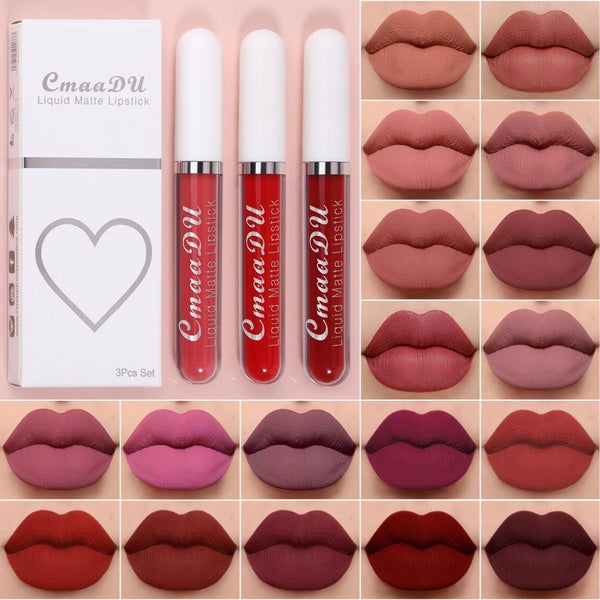CmaaDU 3Pcs-Set GlitterNude Liquid Lipstick Matte Waterproof Matte Velvet Lip Gloss Long Lasting