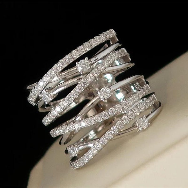 Multilayer Intertwined Cubic Zirconia Wide Rings for Women Daily Casual Fashion Accessories