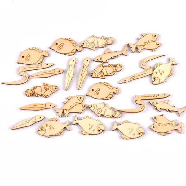 20pcs 25-40mm Fish Pattern Wooden Ornaments For Scrapbook Wood Slices DIY Crafts Home Decor Embellishment Handicraft MT1939