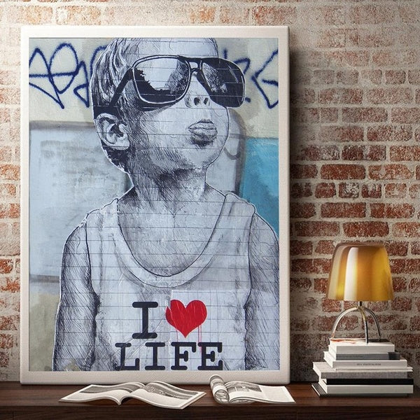 Banksy Boy I Love Life Street Art Graffiti Pop Art Canvas Wall Art Print Posters and Prints Paintings Wall Art Wall Decor Home - No Frame -