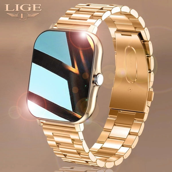 LIGE Montre intelligente pour femme et homme Écran couleur 1,69" Full Touch Fitness Tracker Appel Bluetooth Horloge intelligente Dames Luxe Or Montre