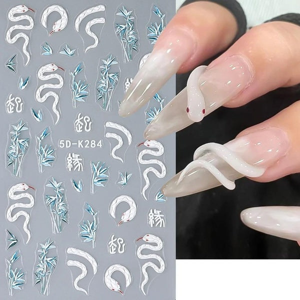 5D Embossed Snake Design Nail Art Stickers Bamboo Chinese Character Poetry Nail Decals Temporary Tattoo Decorations Manicure