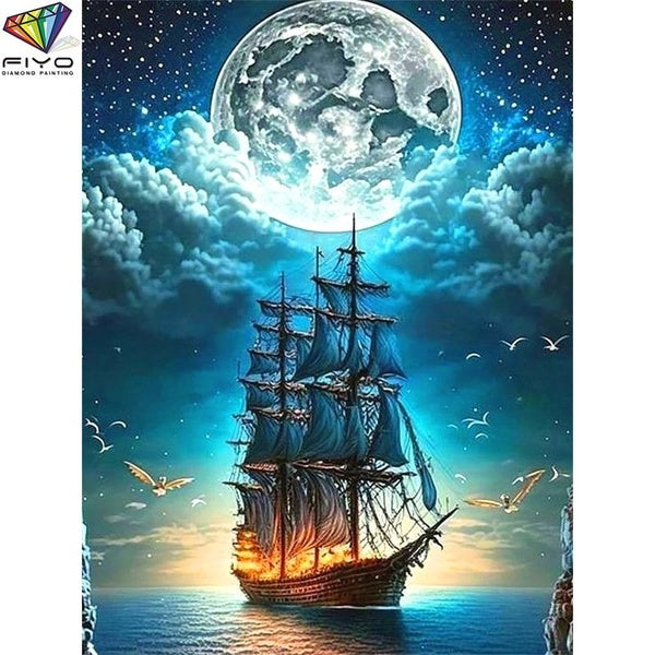 FIYO Boat DIY 5D Diamond Painting Full Drill with Number Kits Home and Kitchen Fashion Mosaic Diamond Painting Canvas Wall Decoration Gift Crafts for